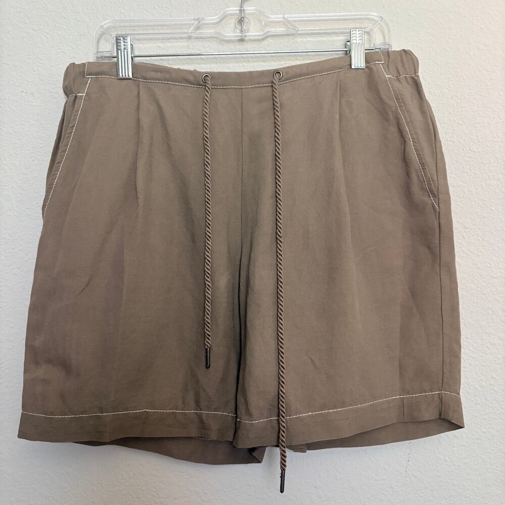 Lilla P Linen Blend Shorts L Taupe Drawstring Elastic Waist Coastal Boho